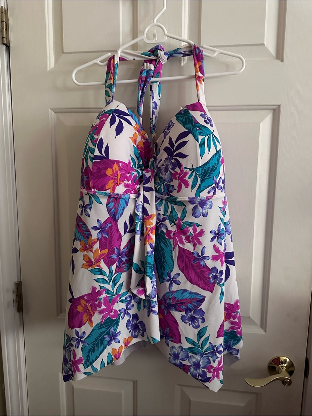 Floral Halter Swim Tankini in White with Purple Pink Orange & Teal Print